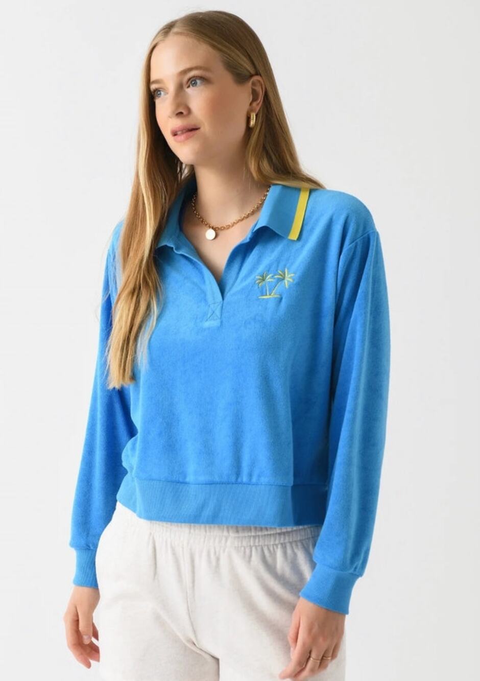 Beach Riot Blue Martina Terry Collared Pullover - M